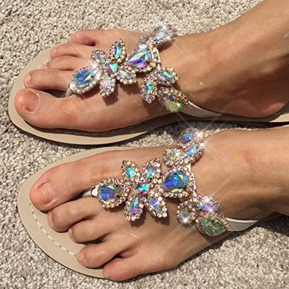NWT Sparkling Bling Swarovski Crystal Rhinestone Sandals Beach Wedding S…